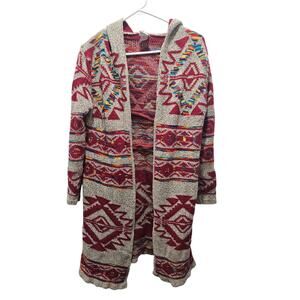 Northern Angel Aztec Boho Hooded Open Cardigan Sweater Coat Rainbow Trim M Red